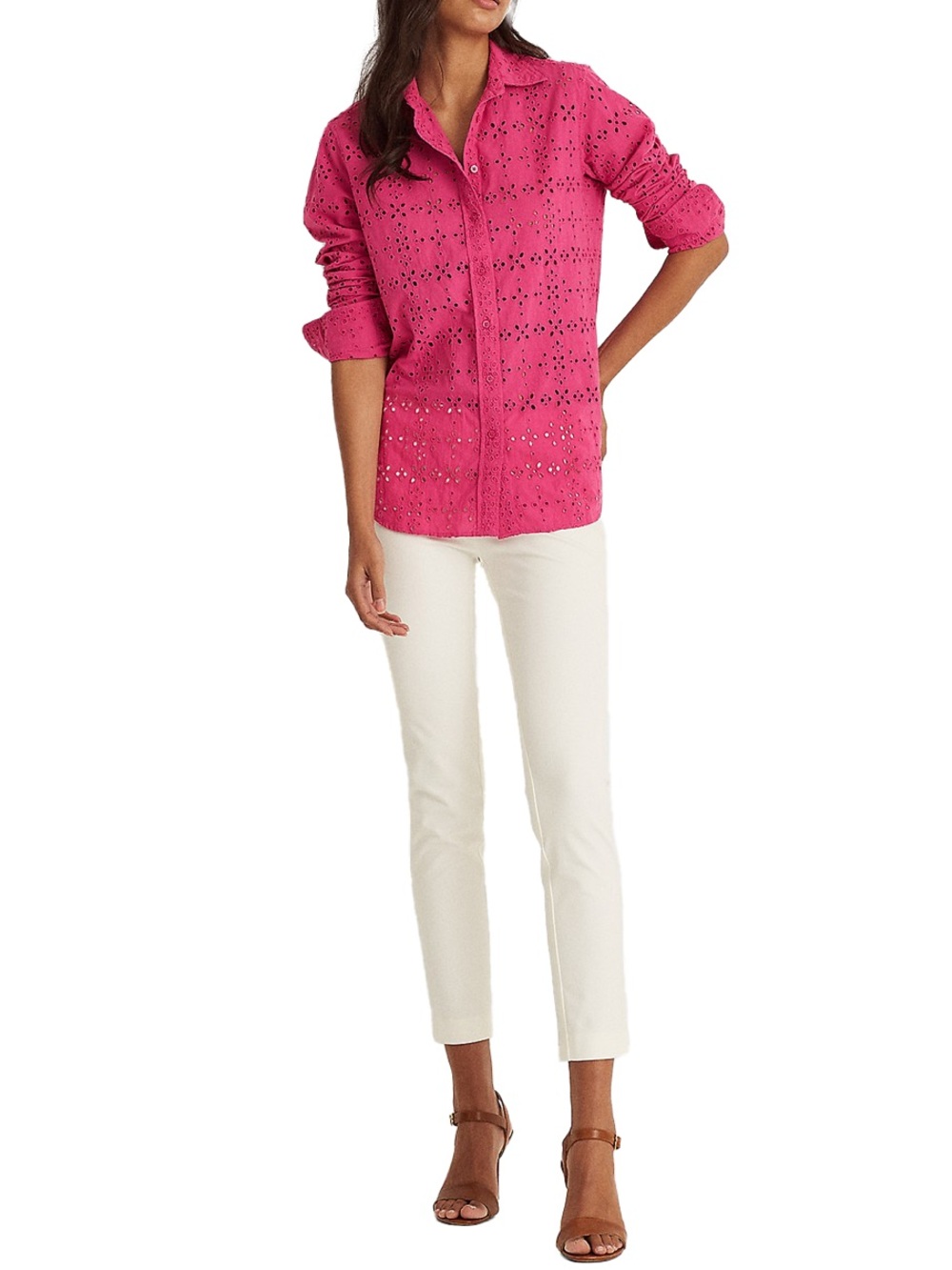 Lauren Ralph Lauren Hot Pink Eyelet Button Up Collared Long Sleeve Shirt Size SP - Picture 3 of 10